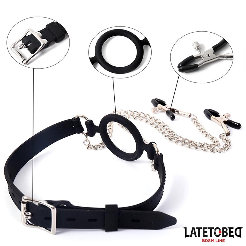 LATETOBED BDSM LINE - MORDAZA DE ARO CON PINZAS PARA PEZONES