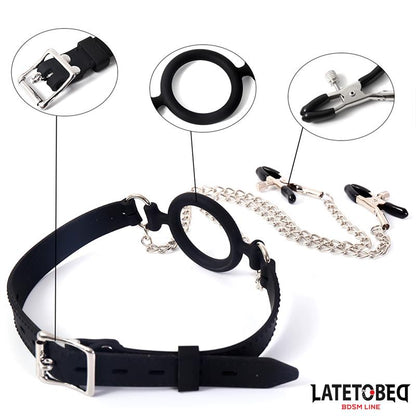 LATETOBED BDSM LINE - MORDAZA DE ARO CON PINZAS PARA PEZONES