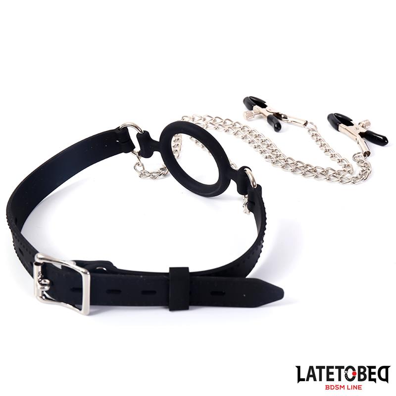 LATETOBED BDSM LINE - MORDAZA DE ARO CON PINZAS PARA PEZONES