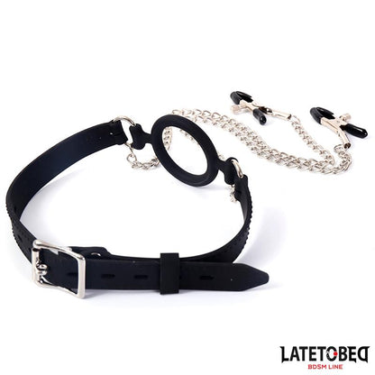 LATETOBED BDSM LINE - MORDAZA DE ARO CON PINZAS PARA PEZONES