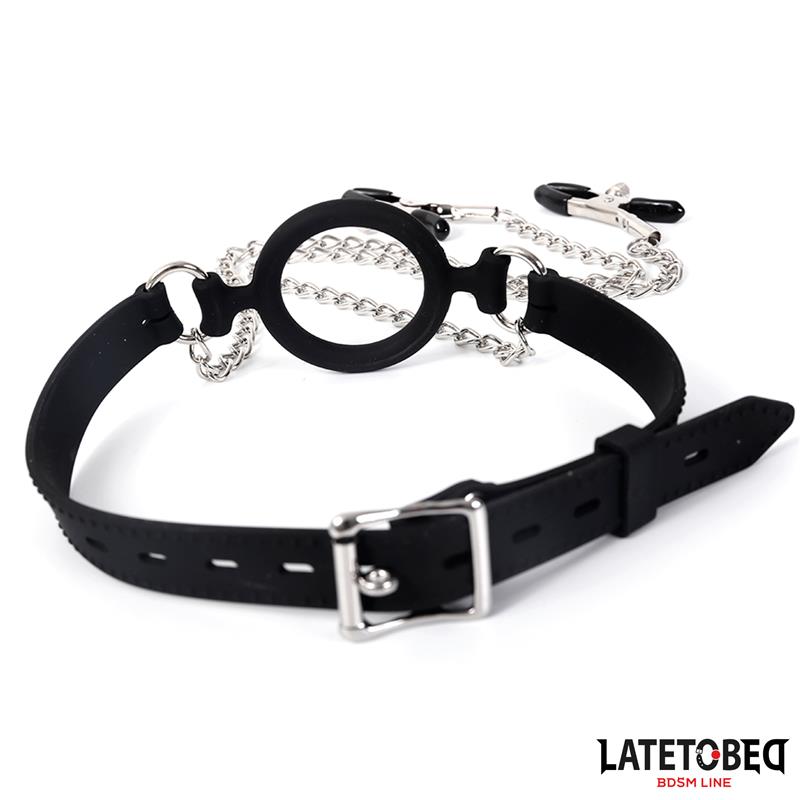 LATETOBED BDSM LINE - MORDAZA DE ARO CON PINZAS PARA PEZONES