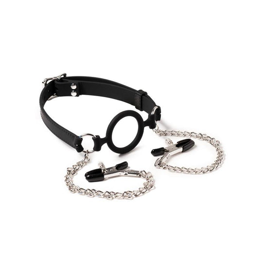 LATEX PLAY - MORDAZA DE ARO CON PINZAS PEZONES