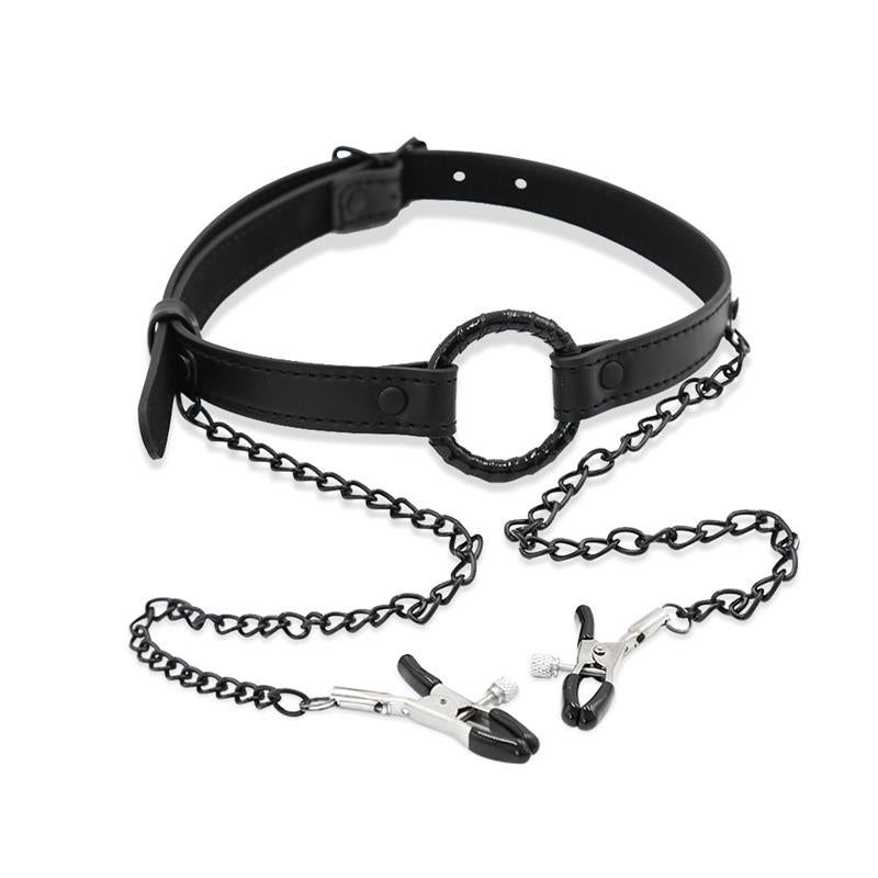 INTOYOU BLACK SHADOW - MORDAZA DE ARO Y PINZAS PARA PEZONES CUERO VEGANO