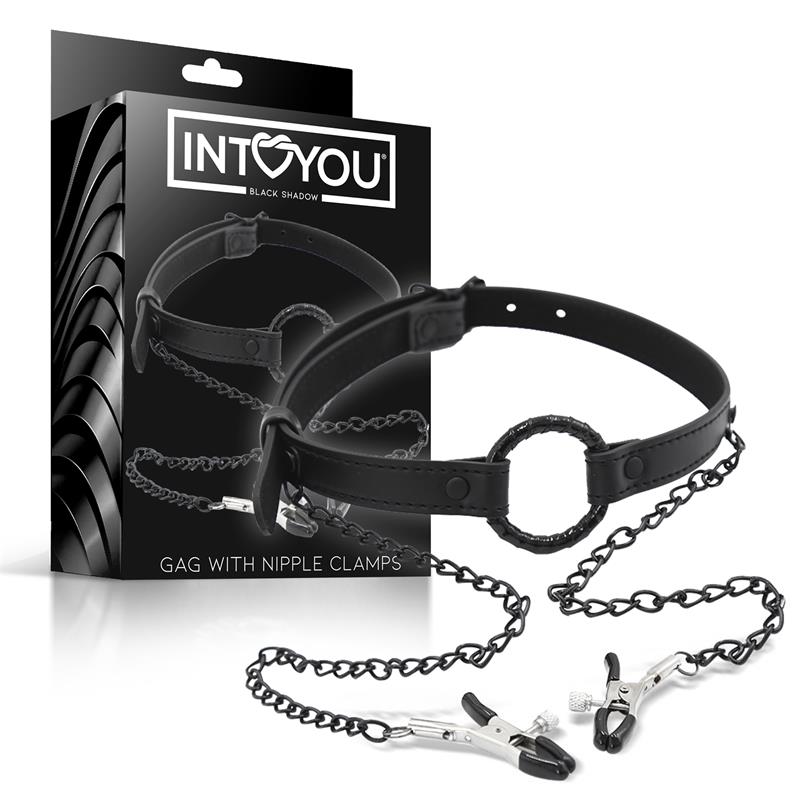 INTOYOU BLACK SHADOW - MORDAZA DE ARO Y PINZAS PARA PEZONES CUERO VEGANO