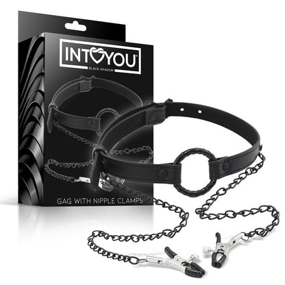 INTOYOU BLACK SHADOW - MORDAZA DE ARO Y PINZAS PARA PEZONES CUERO VEGANO