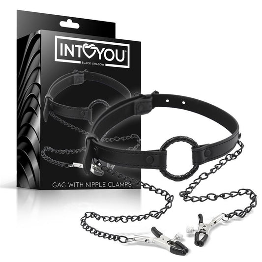 INTOYOU BLACK SHADOW - MORDAZA DE ARO Y PINZAS PARA PEZONES CUERO VEGANO