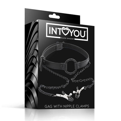 INTOYOU BLACK SHADOW - MORDAZA DE ARO Y PINZAS PARA PEZONES CUERO VEGANO