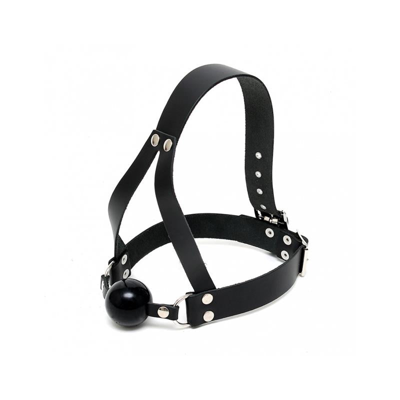 BONDAGE PLAY - MORDAZA SUJECCIÓN DE CABEZA CUERO Y SILICONA AJUSTABLE