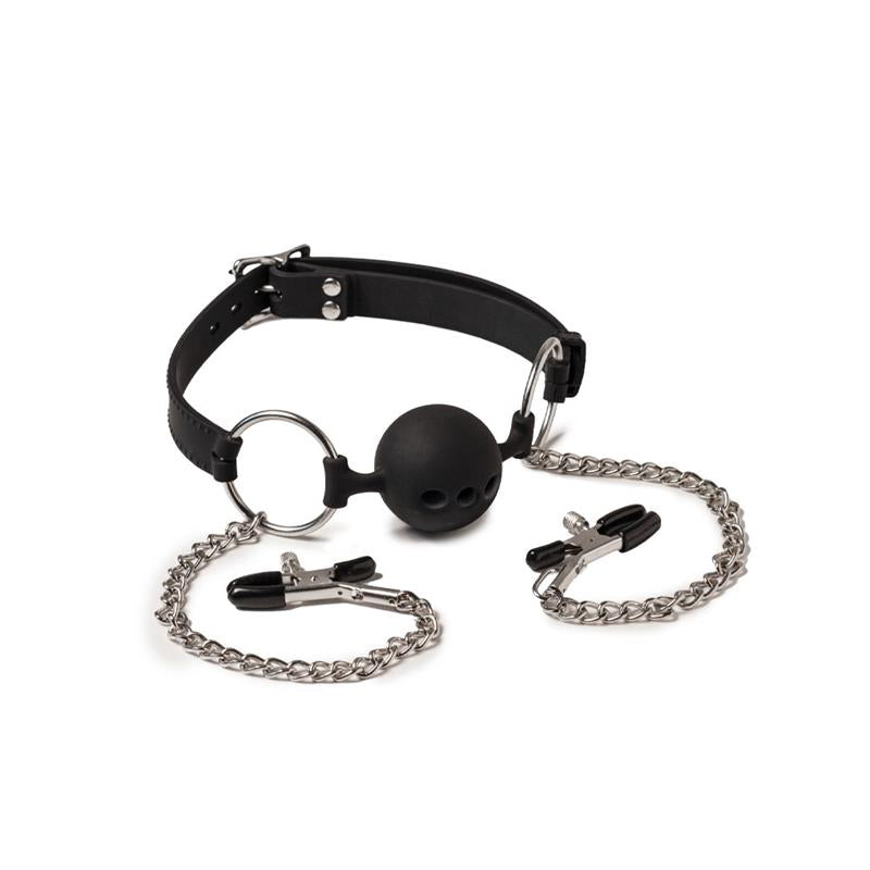 LATEX PLAY - MORDAZA TRANSPIRABLE CON PINZAS PEZONES