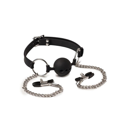 LATEX PLAY - MORDAZA TRANSPIRABLE CON PINZAS PEZONES