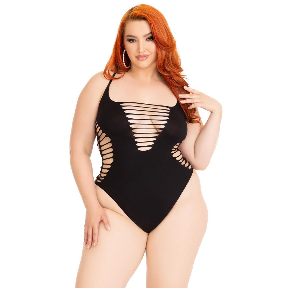 LEG AVENUE - SHREDDED THONG BODYSUIT BLACK PLUS SIZE