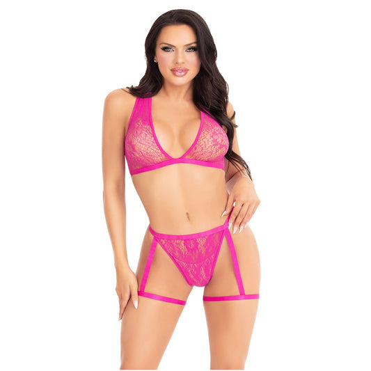LEG AVENUE - LACE BRA TOP AND PANTY WITH GARTERS PINK