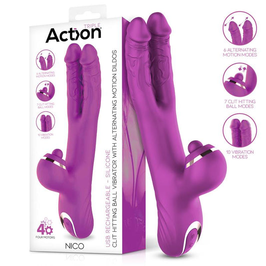 ACTION - NICO VIBRADOR CON DILDOS ALTERNANTES Y BOLA PERCUTORA 4 MOTORES