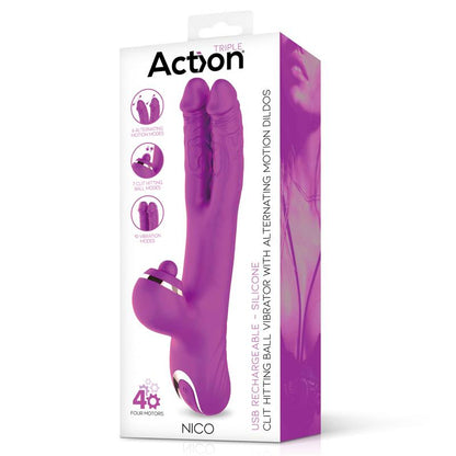ACTION - NICO VIBRADOR CON DILDOS ALTERNANTES Y BOLA PERCUTORA 4 MOTORES
