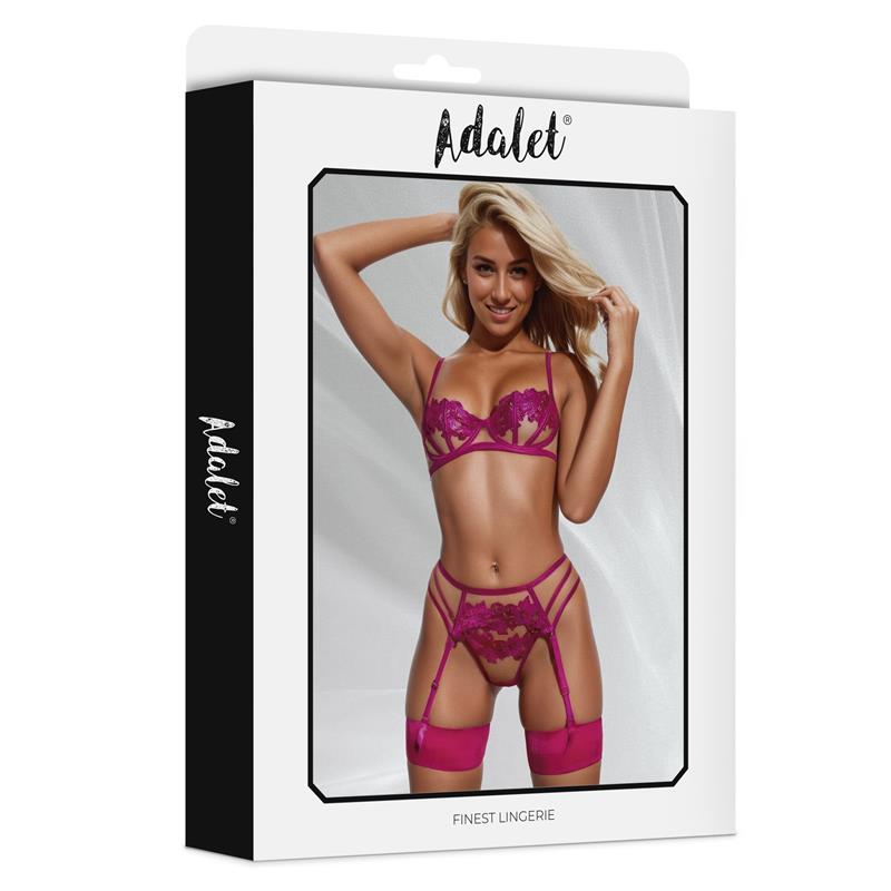 ADALET LINGERIE - NORA SET SUJETADOR, TANGA Y LIGUERO CON FLORES FUCHSIA