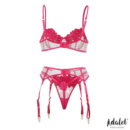 ADALET LINGERIE - NORA SET SUJETADOR, TANGA Y LIGUERO CON FLORES FUCHSIA