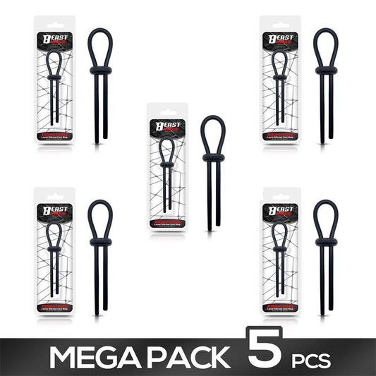 BEAST RINGS - PACK DE 5 ANILLO PARA EL PENE DE LAZO AJUSTABLE SILICONA SÓLIDA NEGRO