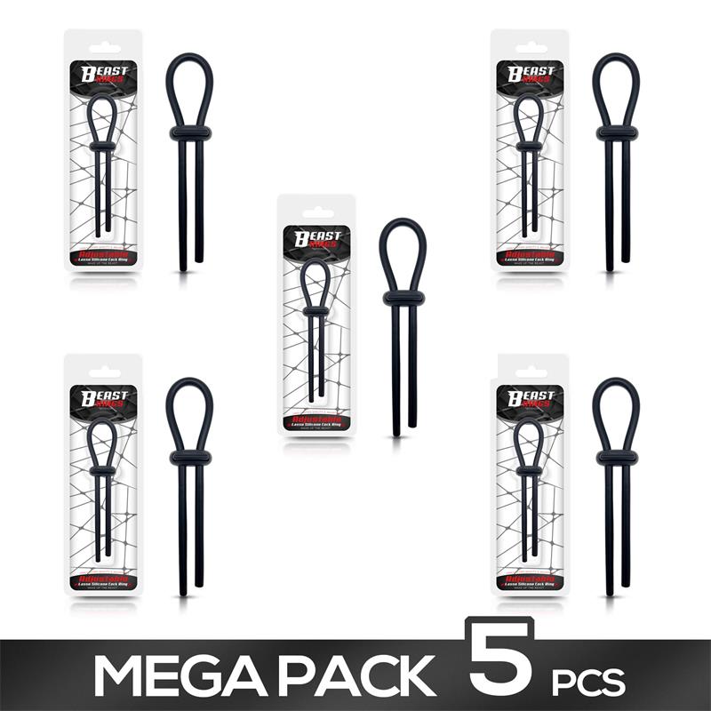 BEAST RINGS - PACK DE 5 ANILLO PARA EL PENE DE LAZO AJUSTABLE SILICONA SÓLIDA NEGRO