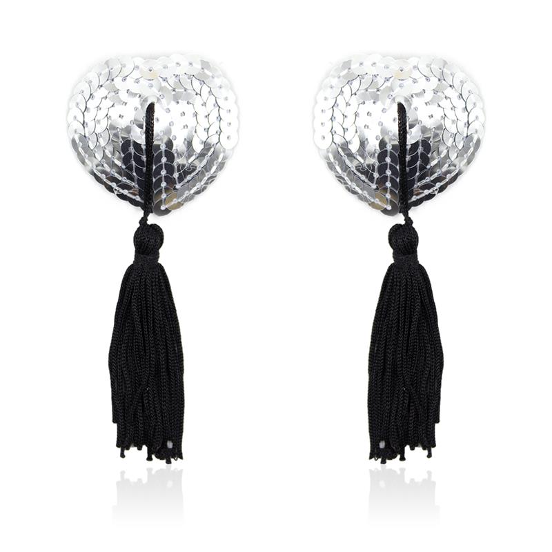 LATETOBED BDSM LINE - PEZONERAS AUTOADHESIVAS FORMA DE CORAZÓN CON LENTEJUELAS NEGRO/PLATA