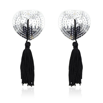 LATETOBED BDSM LINE - PEZONERAS AUTOADHESIVAS FORMA DE CORAZÓN CON LENTEJUELAS NEGRO/PLATA