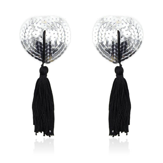 LATETOBED BDSM LINE - PEZONERAS AUTOADHESIVAS FORMA DE CORAZÓN CON LENTEJUELAS NEGRO/PLATA