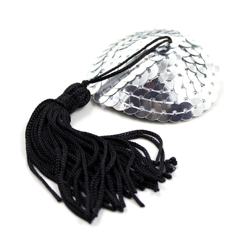 LATETOBED BDSM LINE - PEZONERAS AUTOADHESIVAS FORMA DE CORAZÓN CON LENTEJUELAS NEGRO/PLATA