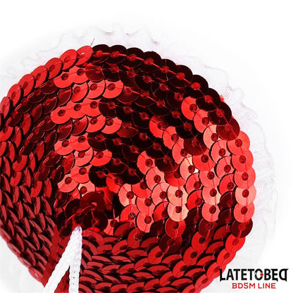 LATETOBED BDSM LINE - PEZONERAS CON LENTEJUELAS ROJAS Y POMPONES BLANCOS