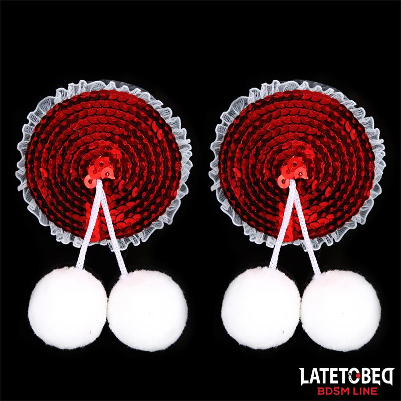 LATETOBED BDSM LINE - PEZONERAS CON LENTEJUELAS ROJAS Y POMPONES BLANCOS