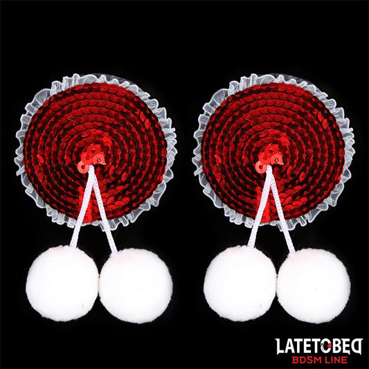 LATETOBED BDSM LINE - PEZONERAS CON LENTEJUELAS ROJAS Y POMPONES BLANCOS