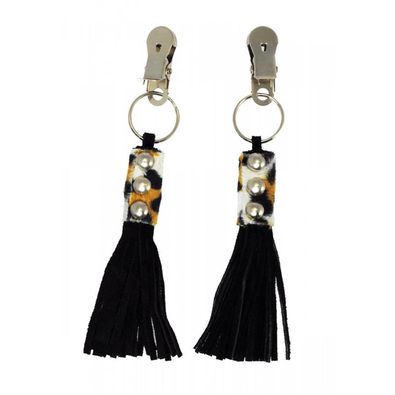 BONDAGE PLAY - PINZAS DE CUERO ESTAMPADO LEOPARDO Y FLECOS