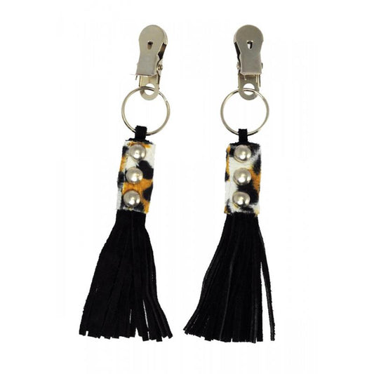 BONDAGE PLAY - PINZAS DE CUERO ESTAMPADO LEOPARDO Y FLECOS