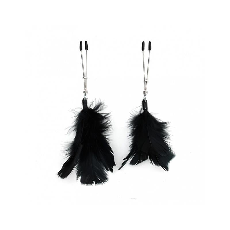 BONDAGE PLAY - PINZAS PARA PEZONES CON PLUMAS NEGRAS AJUSTABLES