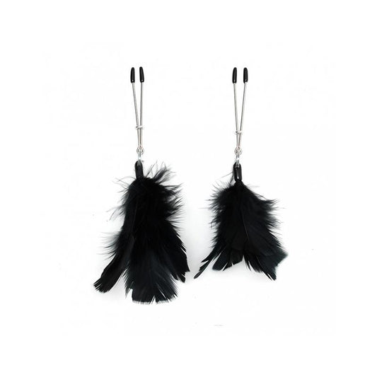 BONDAGE PLAY - PINZAS PARA PEZONES CON PLUMAS NEGRAS AJUSTABLES