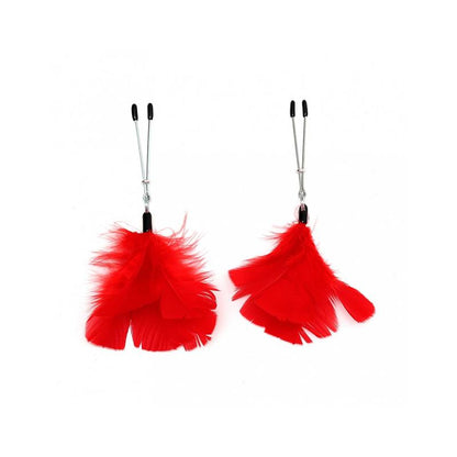 BONDAGE PLAY - PINZAS PARA PEZONES CON PLUMAS ROJAS AJUSTABLES
