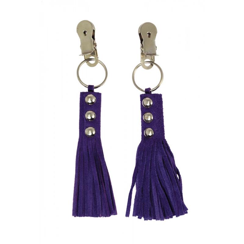 BONDAGE PLAY - PINZAS PARA PEZONES CUERO CON FLECOS MORADO