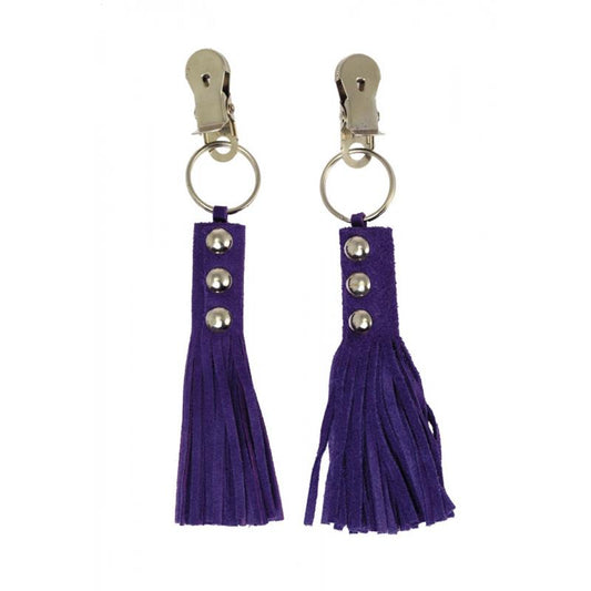 BONDAGE PLAY - PINZAS PARA PEZONES CUERO CON FLECOS MORADO
