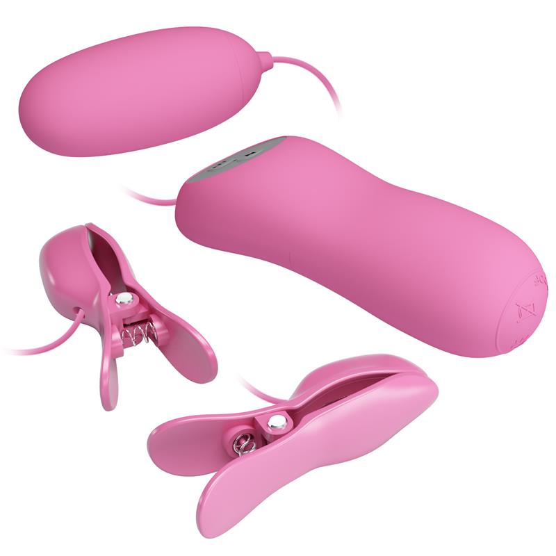 PRETTYLOVE - PINZAS PARA PEZONES Y HUEVO VIBRADOR CON ELECTRO SHOCK