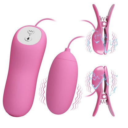 PRETTYLOVE - PINZAS PARA PEZONES Y HUEVO VIBRADOR CON ELECTRO SHOCK