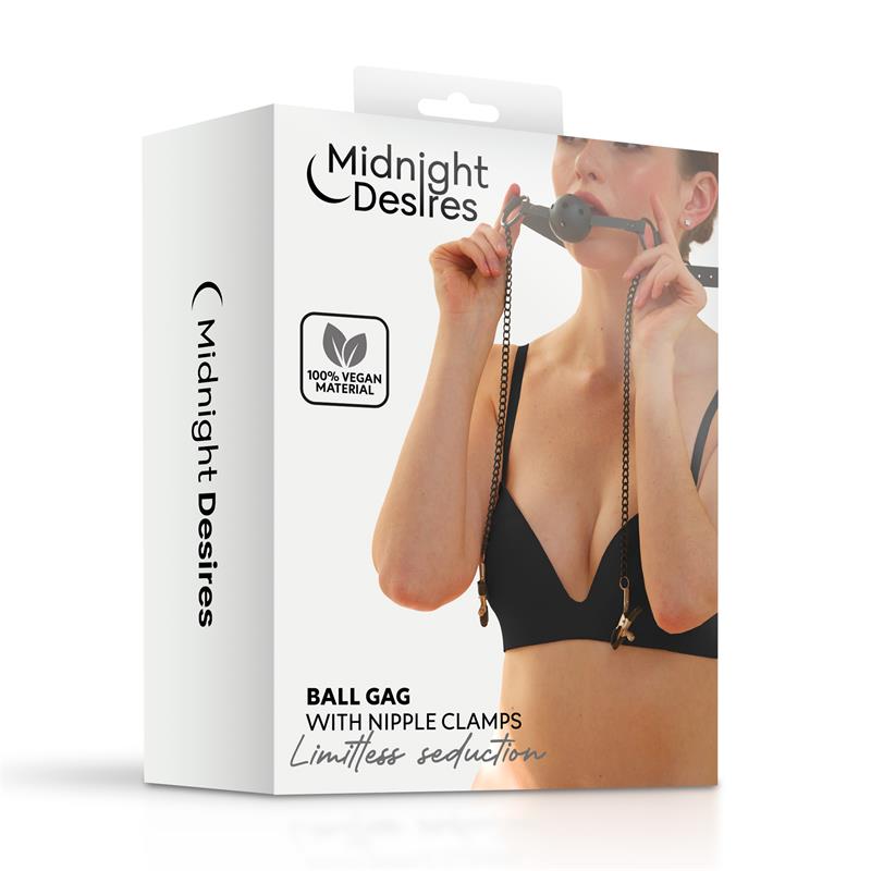 MIDNIGHT DESIRES - PINZAS PARA PEZONES Y MORDAZA DE BOLA