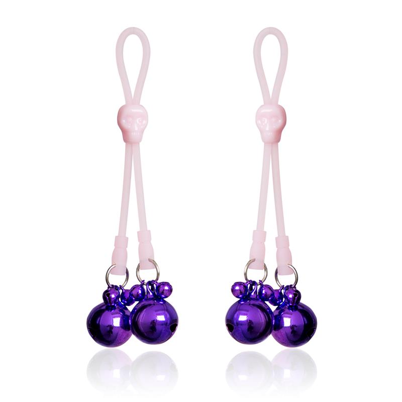 LATETOBED BDSM LINE - PINZAS PEZONES CALABERAS Y CASCABELES SILICONA Y METAL ROSA/PÚRPURA