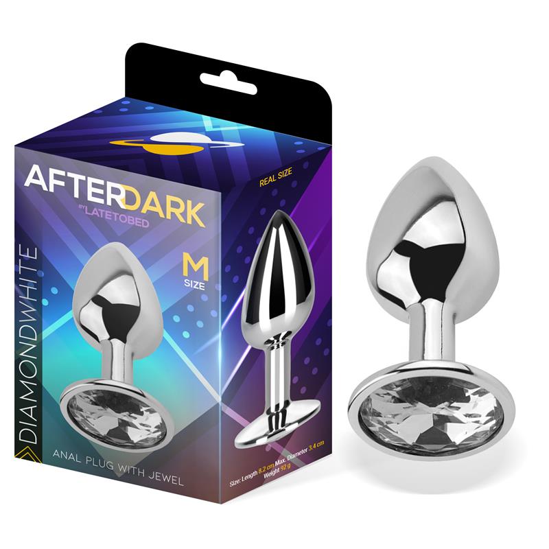 AFTERDARK - PLUG ANAL CON JOTA COLOR BLANCO DIAMANTE TALLA M ALUMINIO