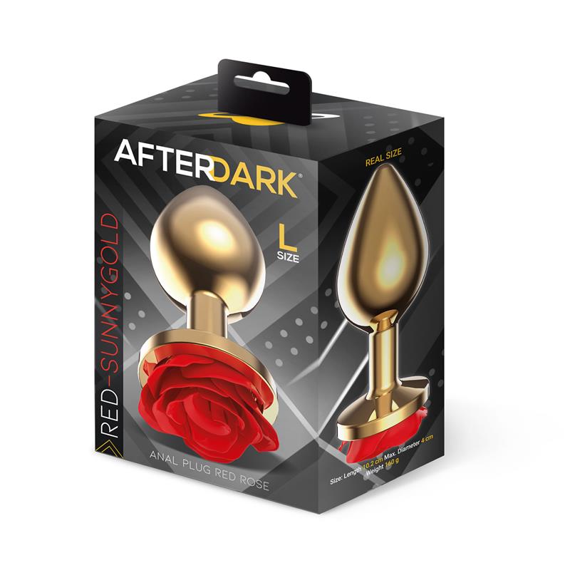 AFTERDARK - PLUG ANAL DE METAL DORADO CON ROSA ROJA EN LA BASE TALLA L
