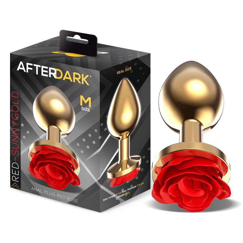 AFTERDARK - PLUG ANAL DE METAL DORADO CON ROSA ROJA EN LA BASE TALLA M