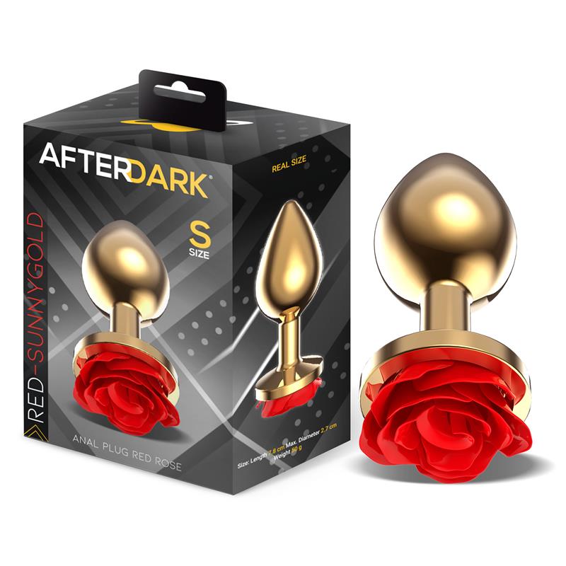 AFTERDARK - PLUG ANAL DE METAL DORADO CON ROSA ROJA EN LA BASE TALLA S