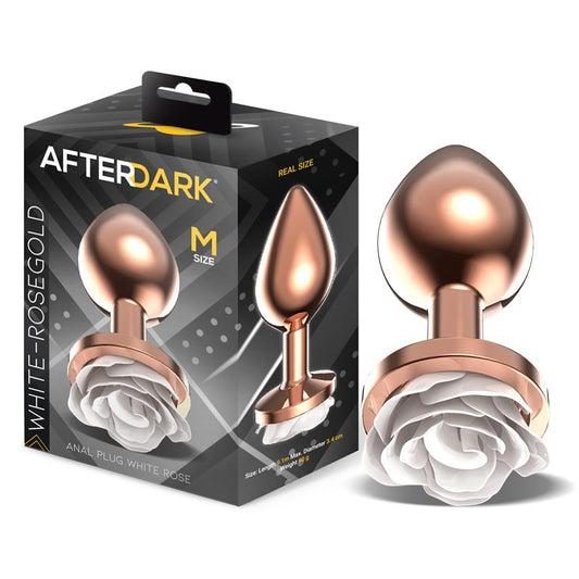 AFTERDARK - PLUG ANAL DE METAL ORO ROSA CON ROSA BLANCA EN LA BASE TALLA M