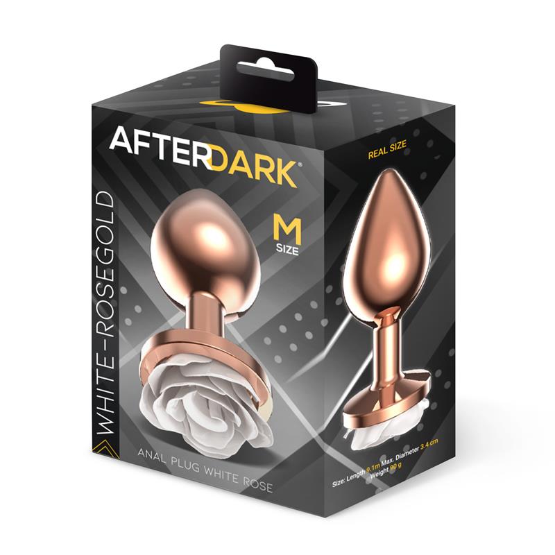 AFTERDARK - PLUG ANAL DE METAL ORO ROSA CON ROSA BLANCA EN LA BASE TALLA M