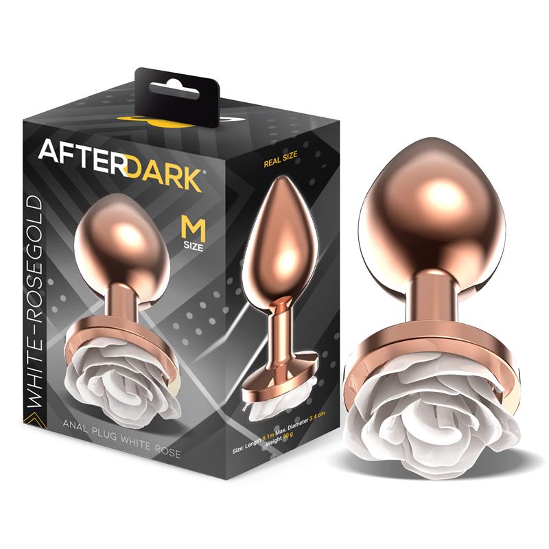 AFTERDARK - PLUG ANAL DE METAL ORO ROSA CON ROSA BLANCA EN LA BASE TALLA M