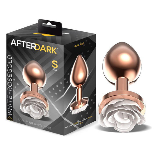 AFTERDARK - PLUG ANAL DE METAL ORO ROSA CON ROSA BLANCA EN LA BASE TALLA S
