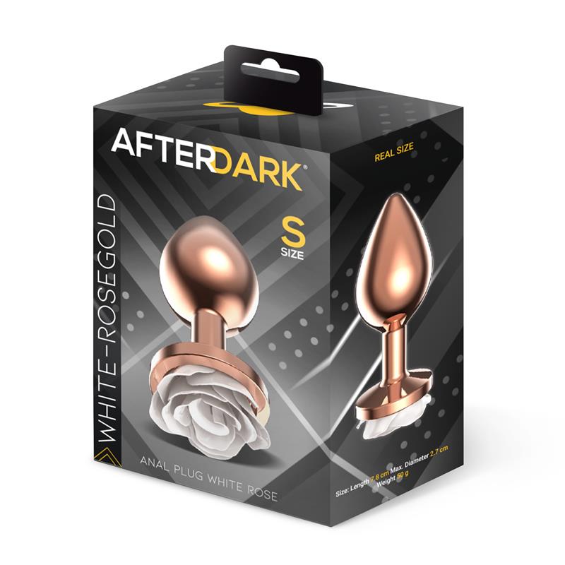 AFTERDARK - PLUG ANAL DE METAL ORO ROSA CON ROSA BLANCA EN LA BASE TALLA S