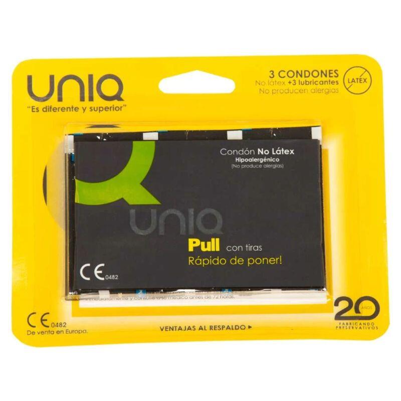 UNIQ - PRESERVATIVOS CON TIRAS PULL CONDOMS SIN LÁTEX 3 PCS